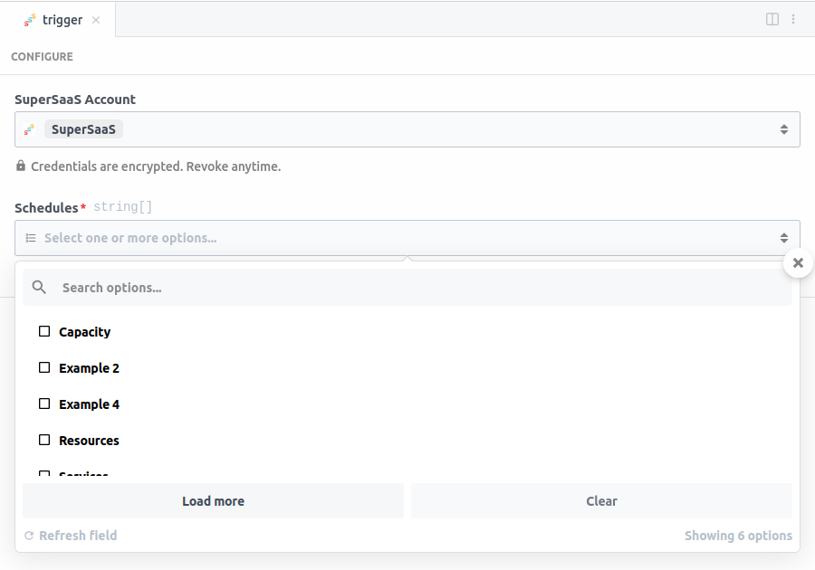 Pipedream trigger screenshot showing the "Schedules" field and available options