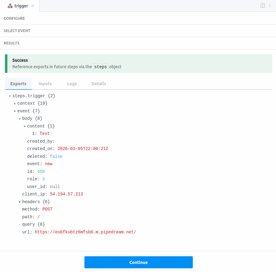 Pipedream workflow showing received test event payload
