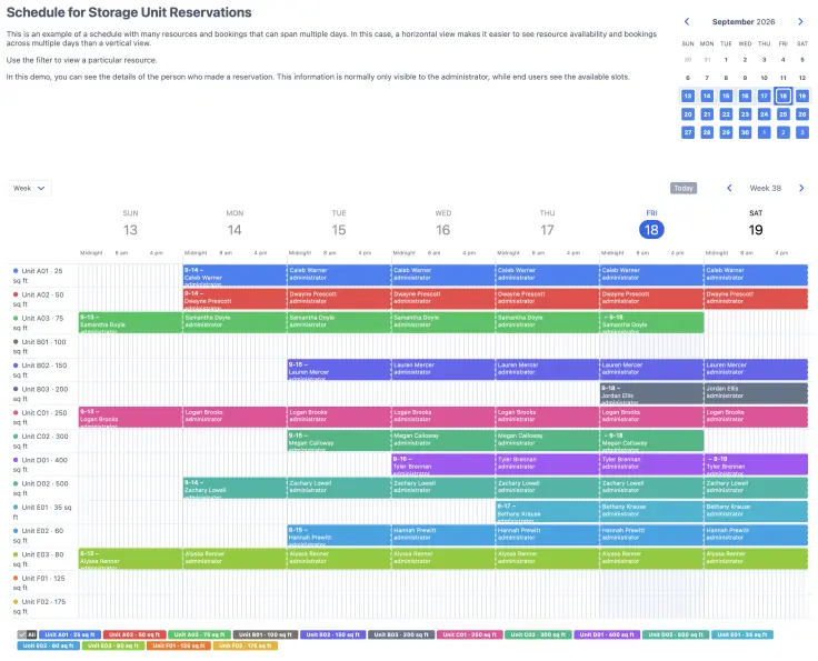 Storage unit reservations shown in a horizontal week view
