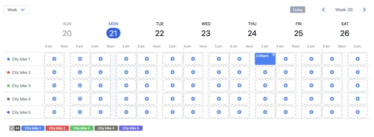 The City bikes resource schedule in the horizontal view with the assigned booking