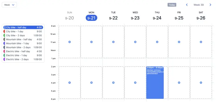 The Bicycle rental service schedule with nine services and one booking