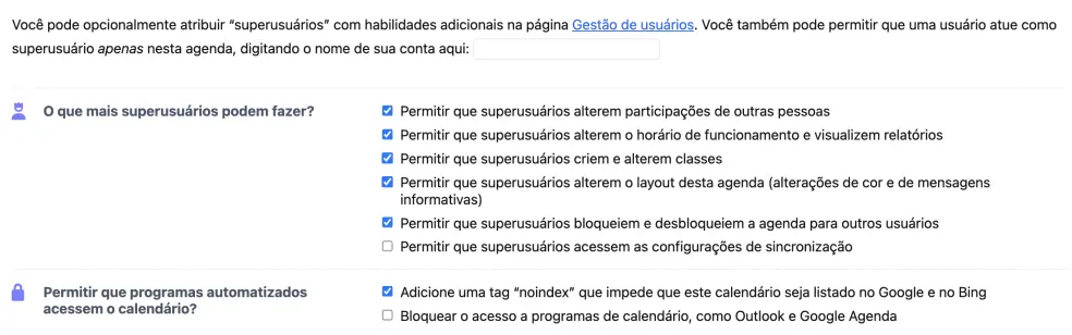 Configurações de acesso a Superusuários