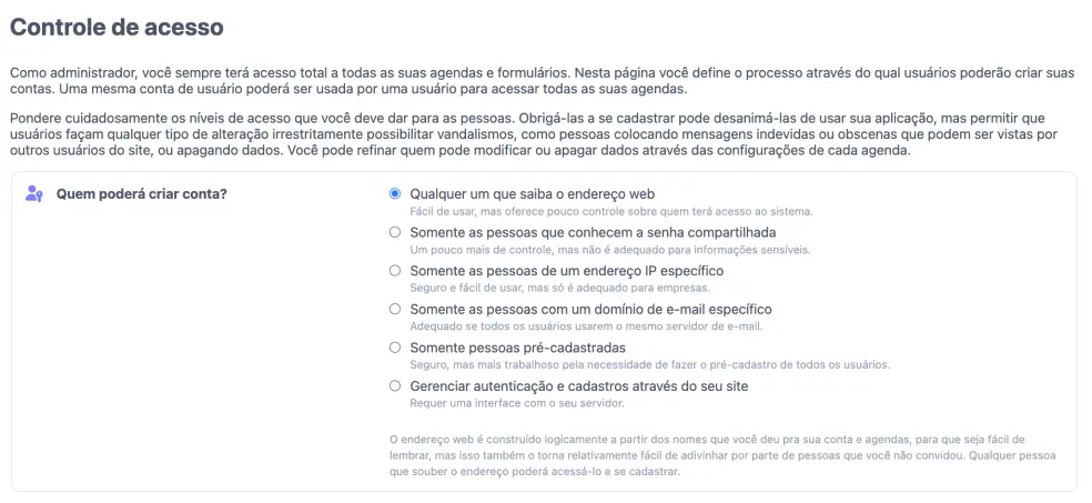 Opções de controle de acesso