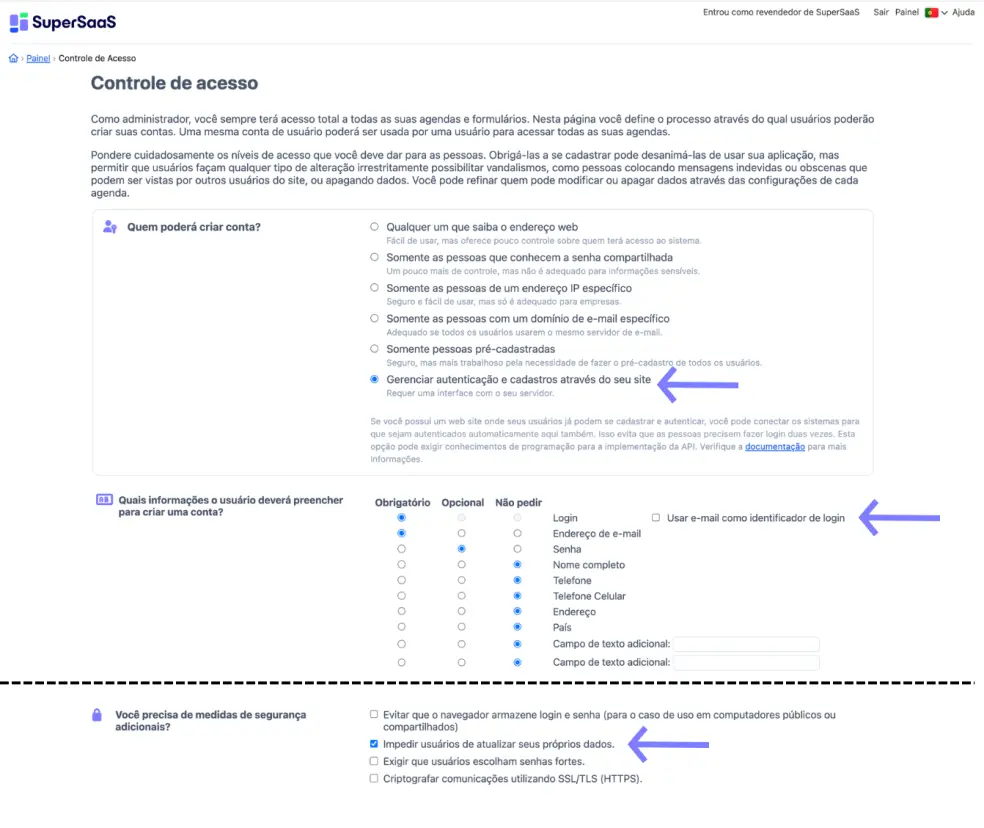 Controle de acesso do SuperSaaS