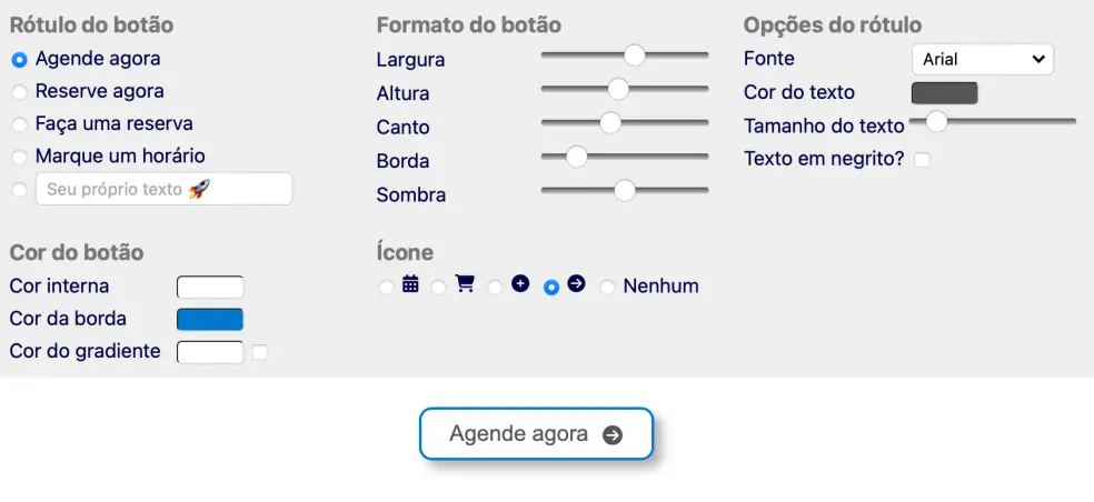 Criador de botão de agendamento com opções de rótulo, cor, forma e ícone