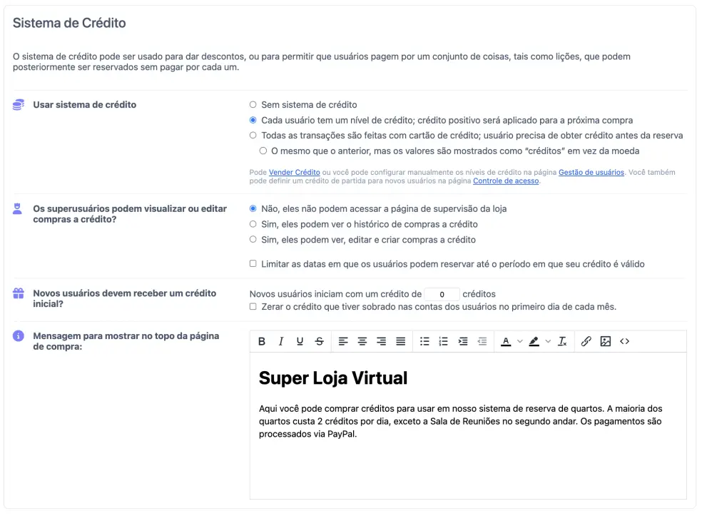 Configurando o sistema de crédito