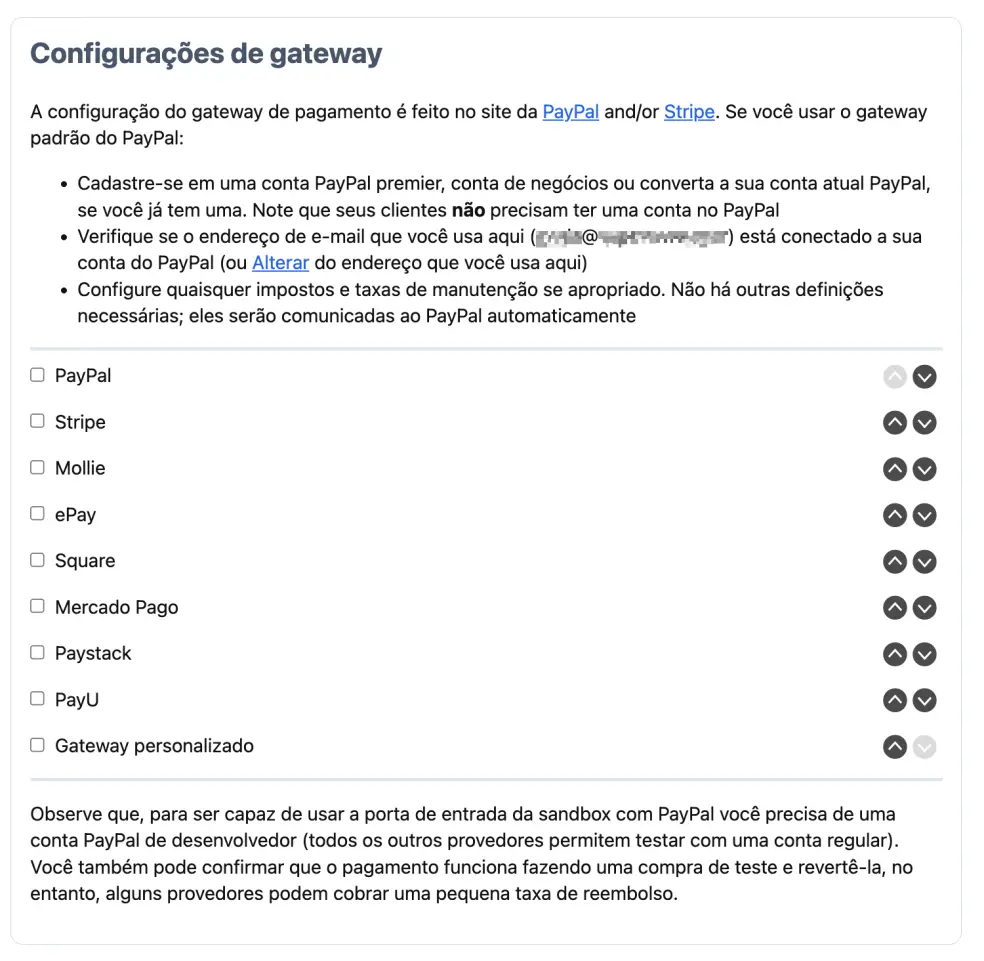 Configurando o pagamento gateway