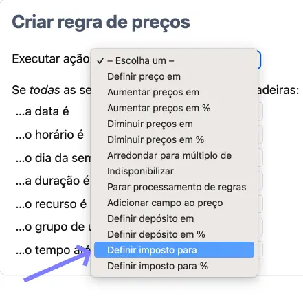 Menu suspenso para adicionar impostos