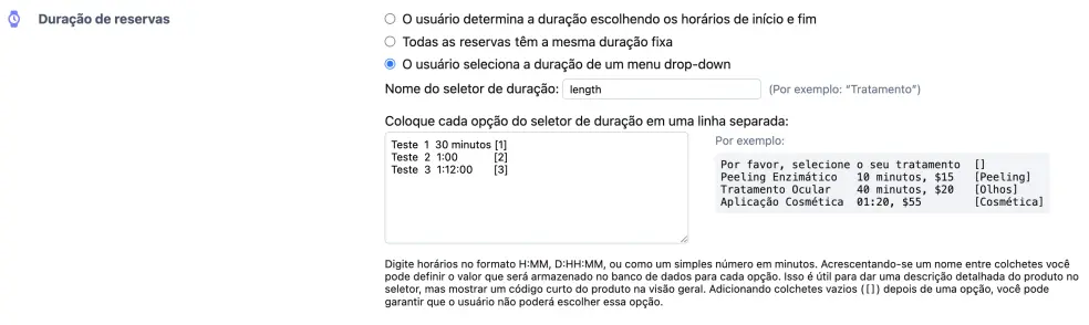 Lista de seleção com opções para seletor de alcance