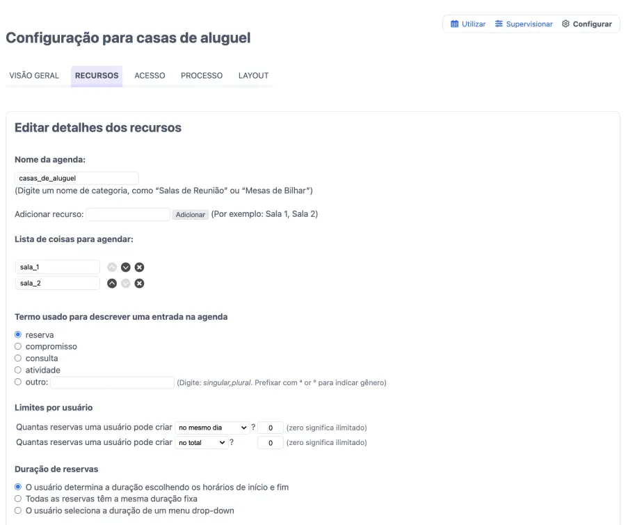 Aba de recursos do administrador