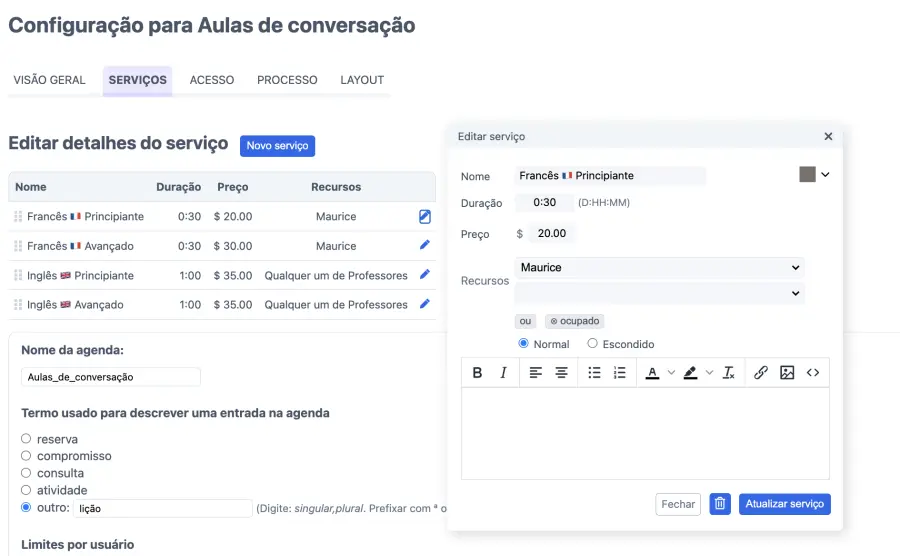 Preços das aulas de conversação