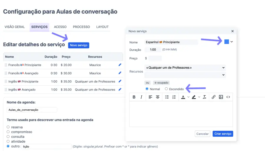Configuração para aulas de conversação