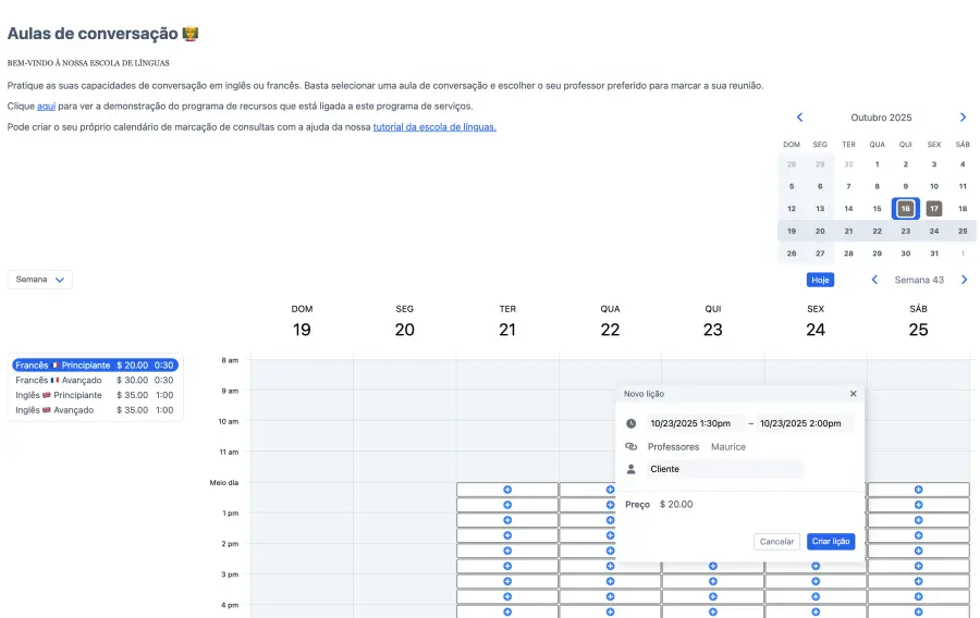 Aba de serviços do administrador