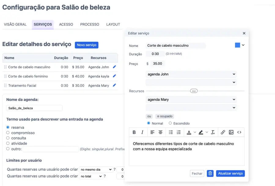 Adicione novos serviços à sua agenda de reservas do salão
