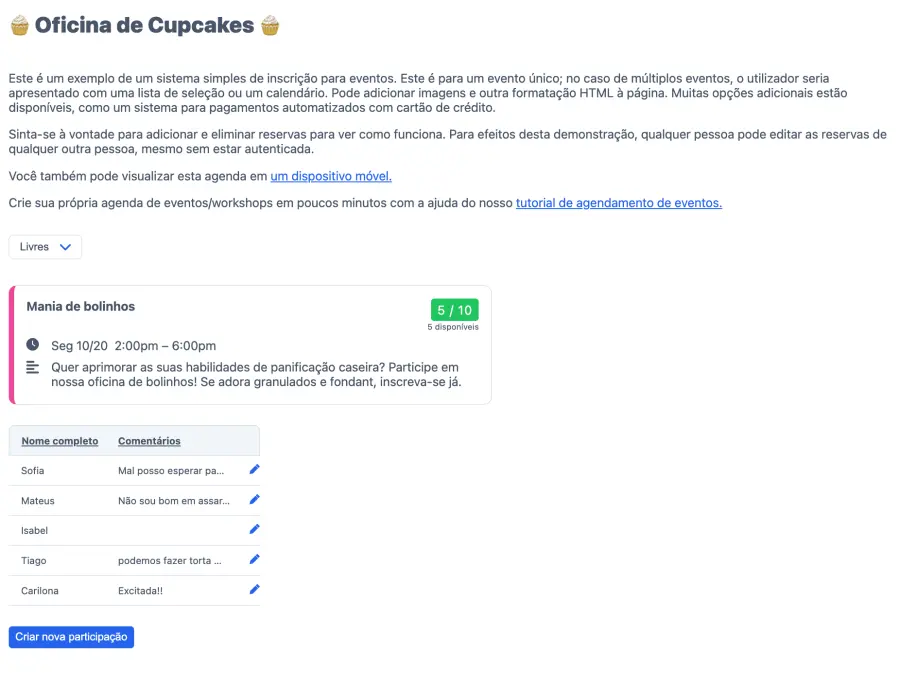 Usuários da agenda de cupcakes