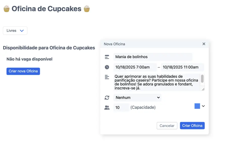 Diálogo de adição à agenda de cupcakes