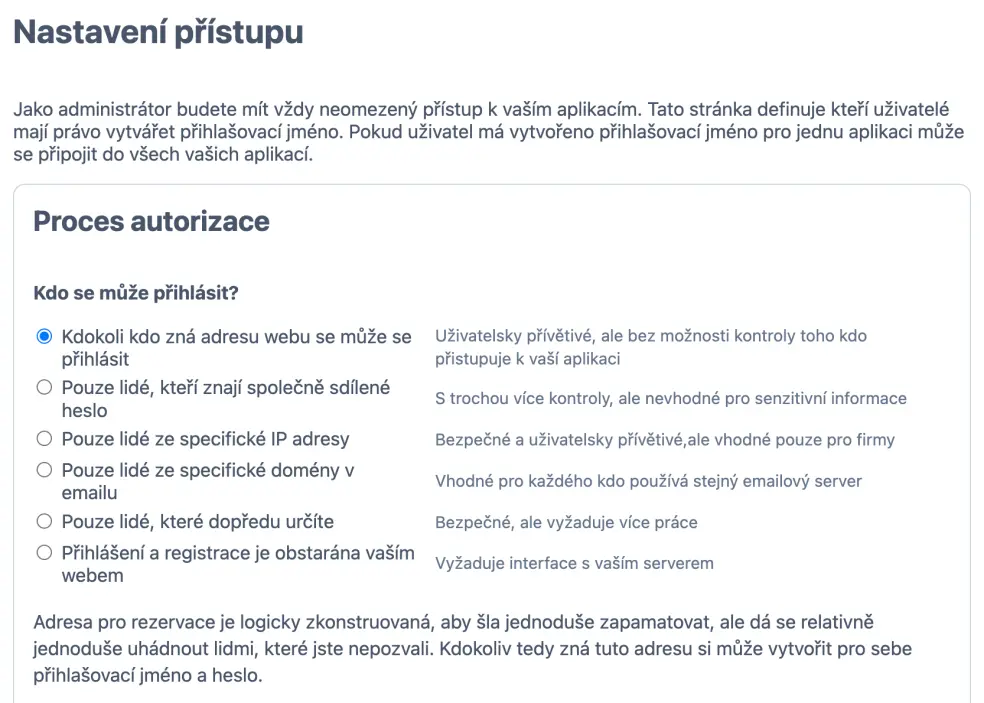 Možnosti nastavení přístupu