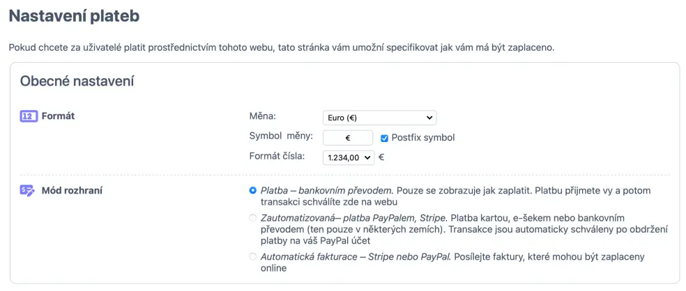Nastavení manuální platby