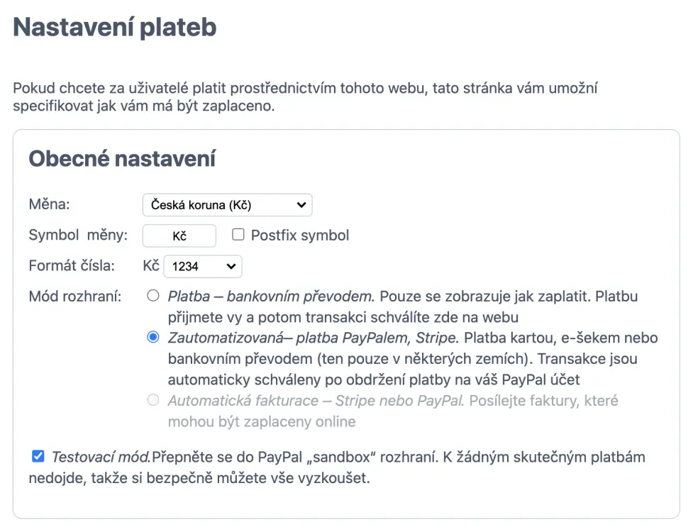 Nastavení poskytovatele plateb