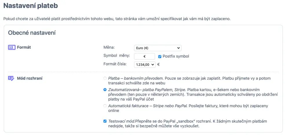 Nastavení testovacího módu