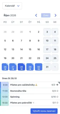 Příklad rozvrhu SuperSaaS na mobilním zařízení pro lekce jógy a pilates