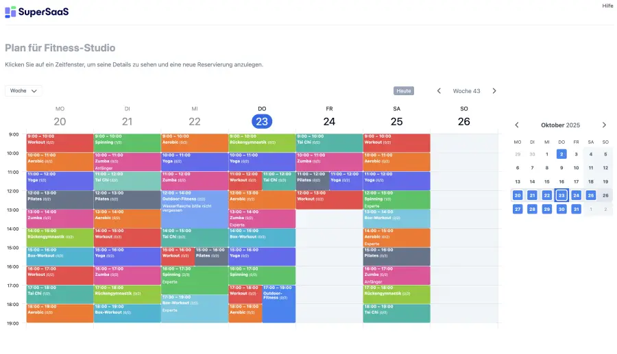 Ansicht Fitness Buchungskalender als Benutzer und Kunde