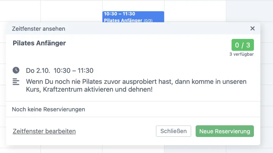 Fitness neue Reservierung als erste Buchung