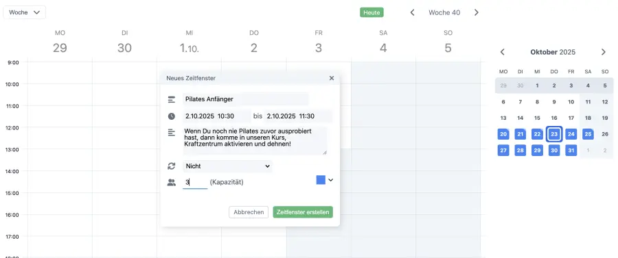 Fitness Anleitung: neues Zeitfenster als Kurs mit buchbaren Terminen erstellen