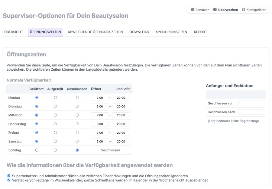 Zeiten für das Ende eines Termins als Administrator frei einstellen können