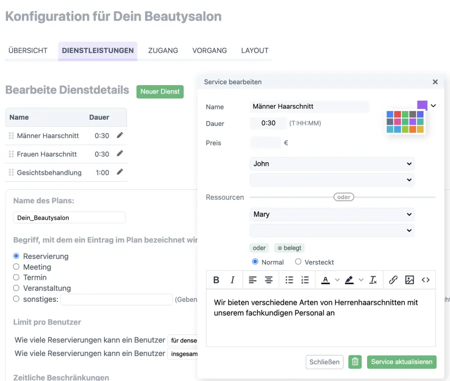 Füge neue Dienstleistungen, Behandlungen und Angebote ein in Deinen Salon Buchungskalender