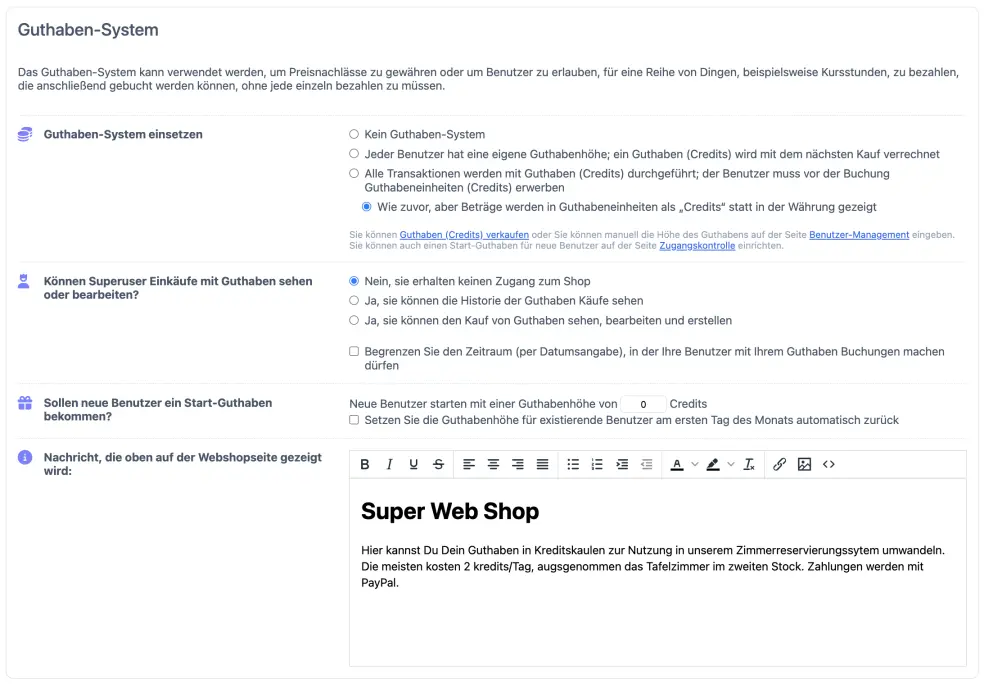 Das Guthabensystem einrichten