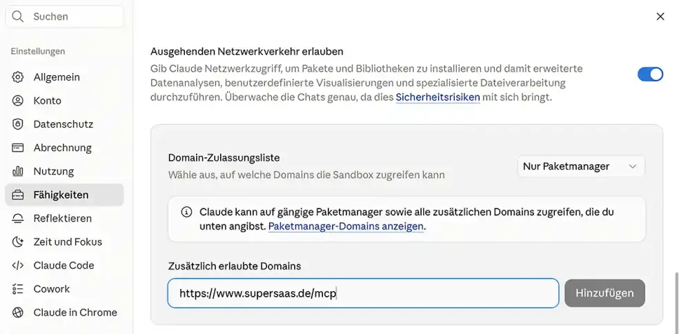 Claude Fähigkeiten aktivieren für SuperSaaS MPC Server.