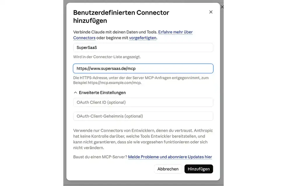 SuperSaaS Connector hinzufügen.