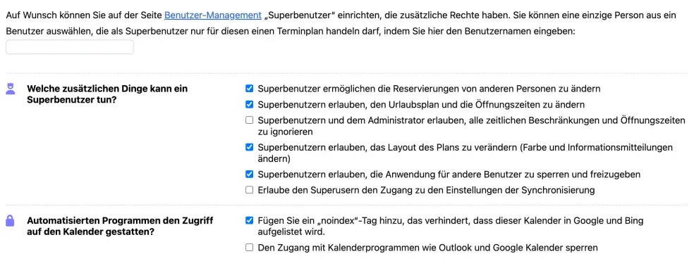Extra Rechte im Zugang zum online Terminkalender mit Zugangseinstellungen für Superbenutzer