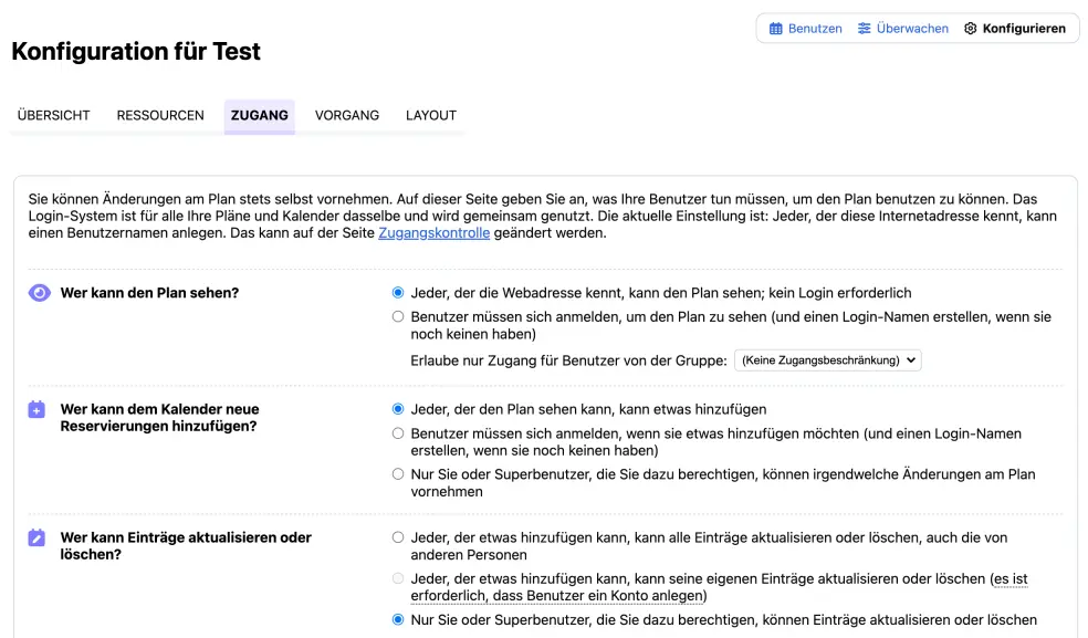 Zugang zum online Terminkalender nur für angemeldete Benutzer in den Zugangseinstellungen