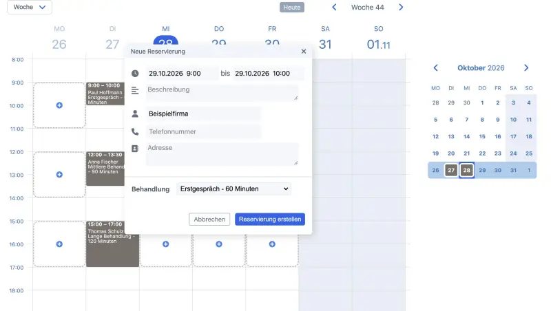 Beispiel für einen SuperSaaS Terminbuchungskalender auf einem Computer für Therapie Leistungen