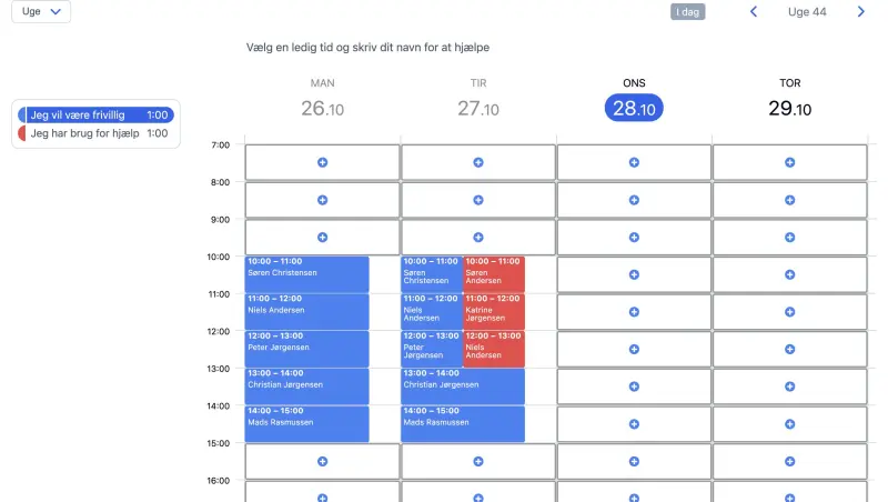 Eksempel på en SuperSaaS kalender på en computer til socialt og frivilligt arbejde