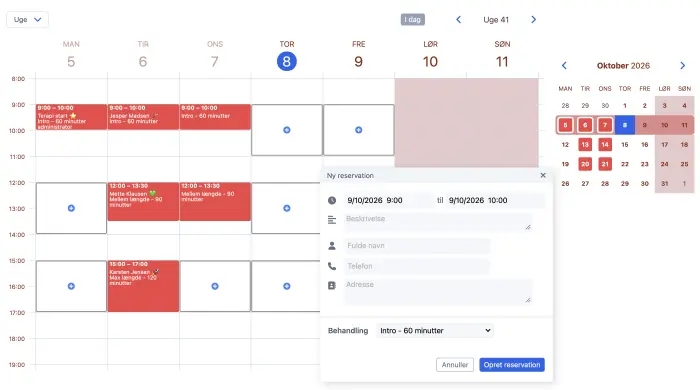 SuperSaaS bookingkalender i ugevisning med formularen til en ny booking