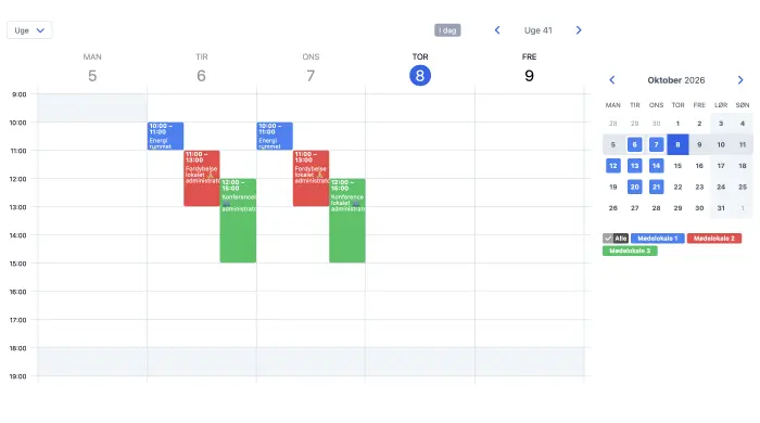 SuperSaaS bookingkalender i ugevisning med bookinger af flere mødelokaler