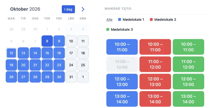 SuperSaaS booking widget med ledige tider for hvert mødelokale