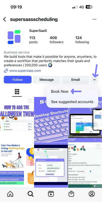 Instagram Book Now button