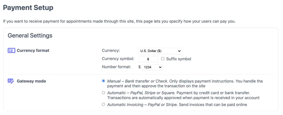 Manual payment setup