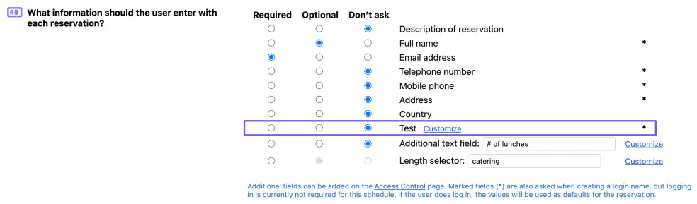 Registration fields