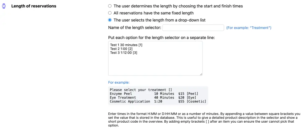 Selection list with options for length selector