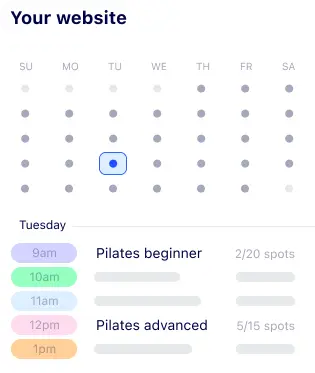 SuperSaaS class schedule embedded in website showing Pilates class availability