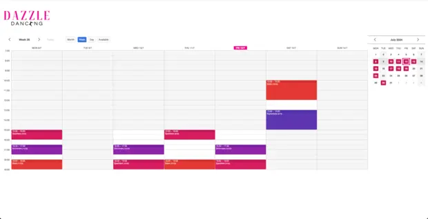 Example of a SuperSaaS schedule on a computer for dance lessons
