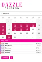 Example of a SuperSaaS schedule on a mobile device for dance lessons