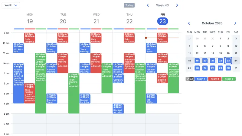 Esempio di calendario SuperSaaS per sale riunioni e conferenze visto su un computer
