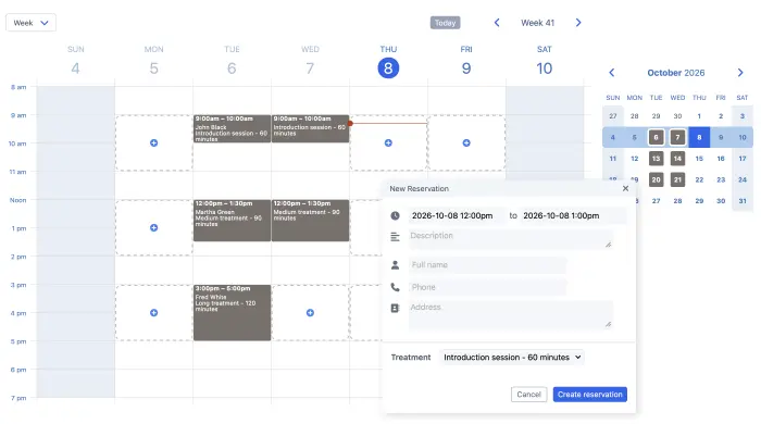 SuperSaaS appointment schedule in week view with the form for a new reservation