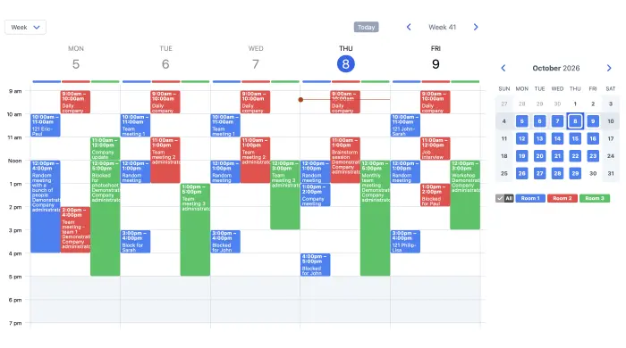 SuperSaaS schedule in week view with bookings for several rooms